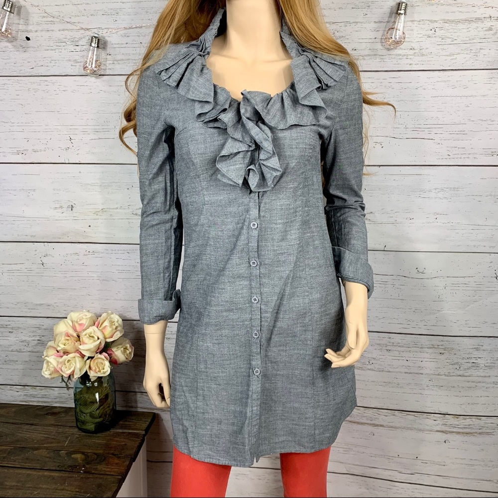 LAPIS Anthropologie Gray Ruffle Button-Down Dress